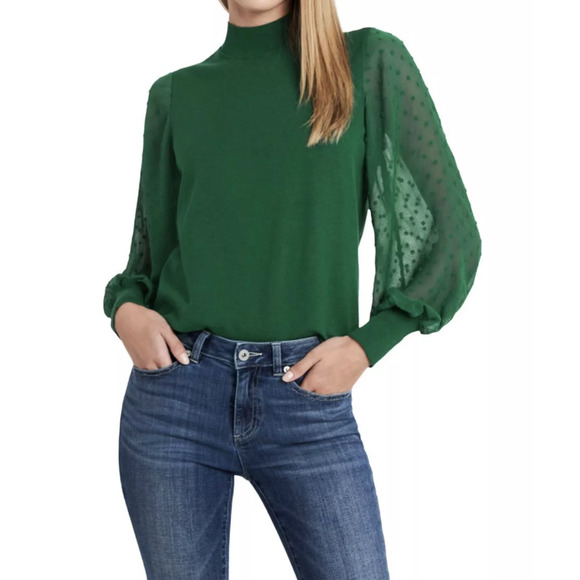 CECE Womens Knit Blouse Small Alpine Green Sheer Sleeve Ribbed Clip Dot  NWT - Picture 1 of 11